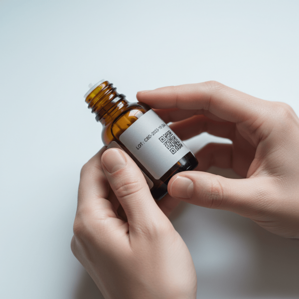 étiquette de flacon CBD montrant le numéro de lot et le QR code pour le certificat d'analyse