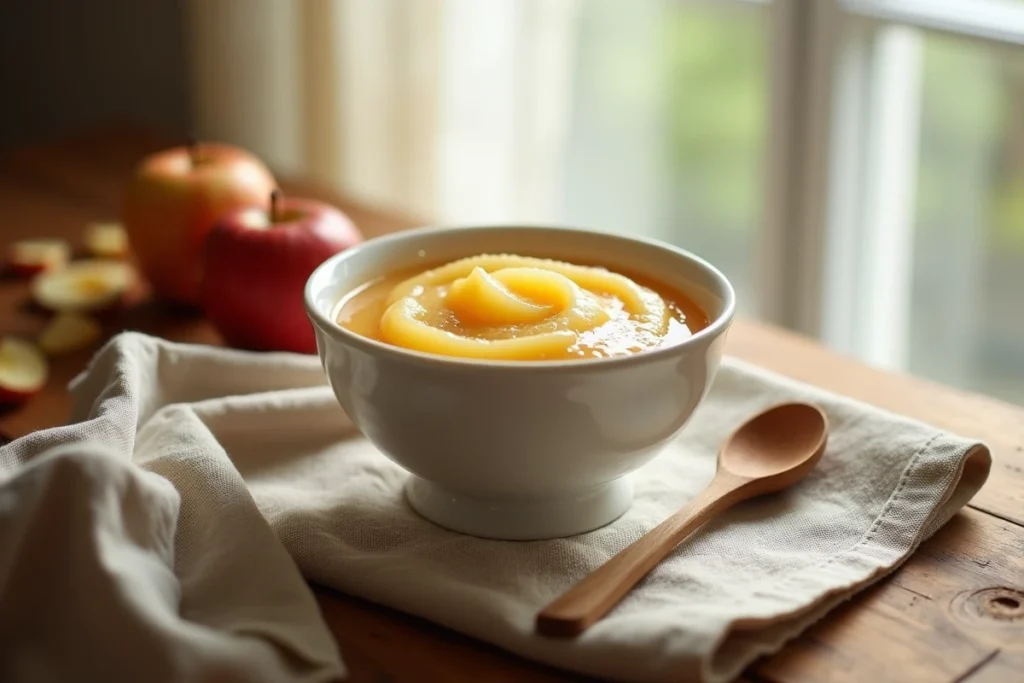 Bol de compote de pommes maison sur une table en bois rustique, aliment riche en fibres contre la constipation chronique