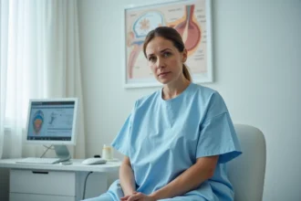 Femme en consultation ORL pour des séquelles de névrite vestibulaire, assise sur la table d'examen dans un cabinet médical moderne