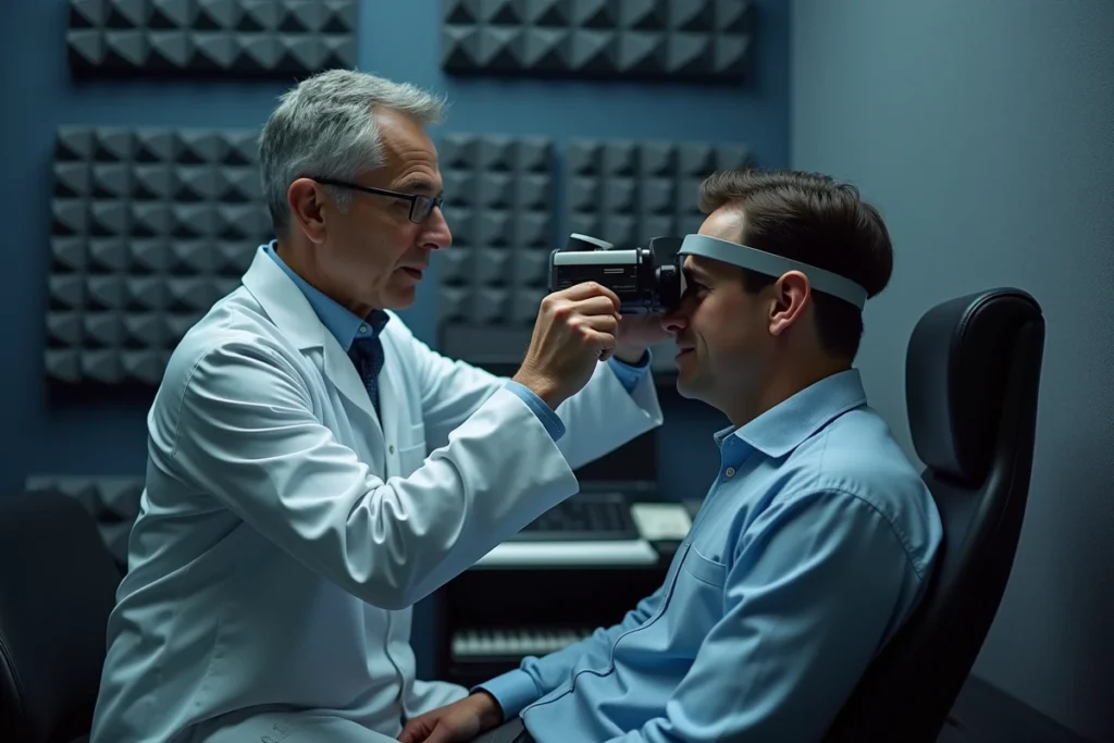Médecin ORL réalisant un examen vidéonystagmographie sur un patient présentant des séquelles vestibulaires en cabinet spécialisé