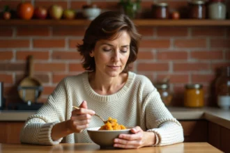 Femme préparant une compote de pommes maison dans une cuisine rustique pour soulager la constipation chronique