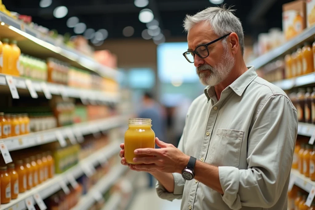 Homme lisant l'étiquette d'un pot de compote bio en supermarché pour choisir un aliment contre la constipation
