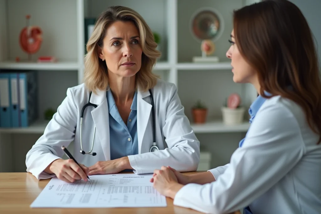 Patiente recevant les résultats de ses examens ORL pour séquelles de névrite vestibulaire lors d'une consultation médicale