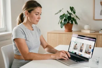 Femme achetant des produits ItWorks en ligne sur son ordinateur portable depuis son bureau à domicile