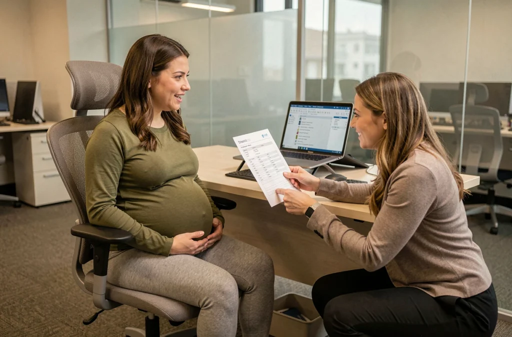 Femme enceinte discutant des aménagements ergonomiques de son poste de travail avec une collègue RH au bureau