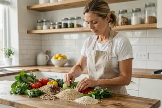 Femme préparant un repas équilibré avec légumes frais et céréales complètes pour maintenir un taux de Gamma GT normal