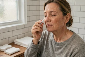 Femme appliquant une pommade ophtalmique avec précaution devant son miroir de salle de bain