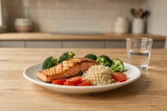 Assiette équilibrée avec saumon grillé, quinoa et légumes vapeur pour un repas minceur sain
