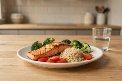 Assiette équilibrée avec saumon grillé, quinoa et légumes vapeur pour un repas minceur sain
