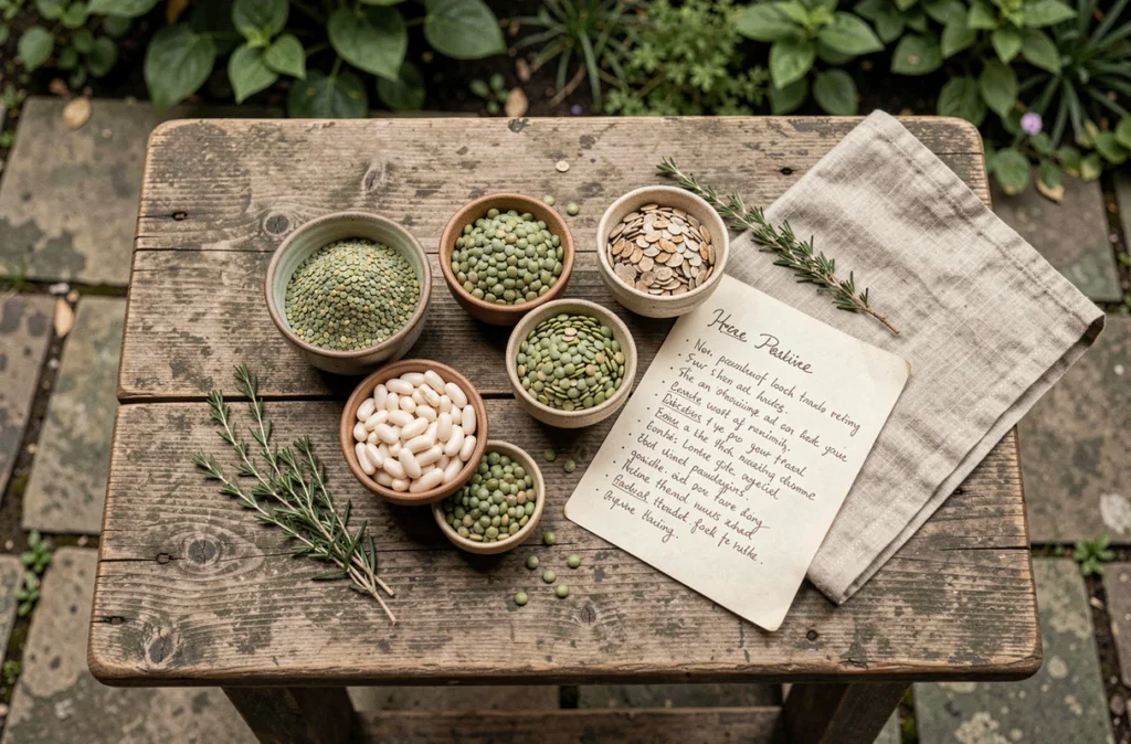 Assortiment de légumineuses crues et cuites disposées sur une table en bois rustique pour illustrer un régime minceur