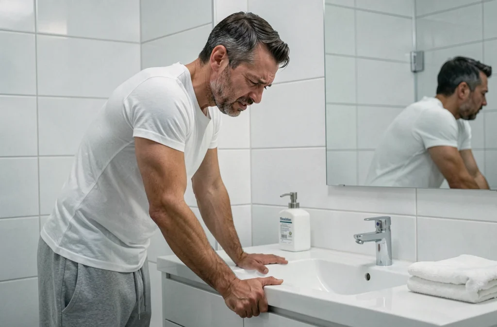 Homme ressentant une brûlure urinaire et une douleur à l'aine dans une salle de bain moderne