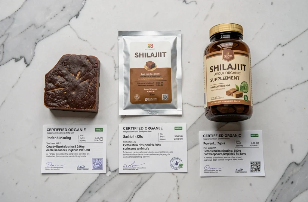 Comparaison de produits shilajit en flat lay sur marbre blanc montrant résine brute poudre et complément bio certifié avec fiches qualité
