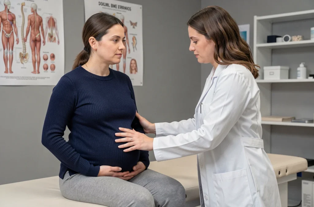 Femme enceinte en consultation chez un kinésithérapeute pour traiter les douleurs de dos liées à la grossesse