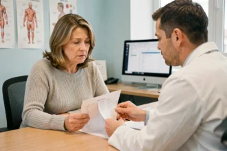Patiente discutant des résultats d'analyses sanguines anormaux avec son médecin lors d'une consultation médicale