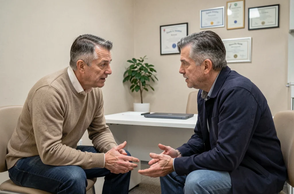 Homme d'une cinquantaine d'années en consultation médicale, échange avec un professionnel de santé pour mieux gérer le Zonivizectrum