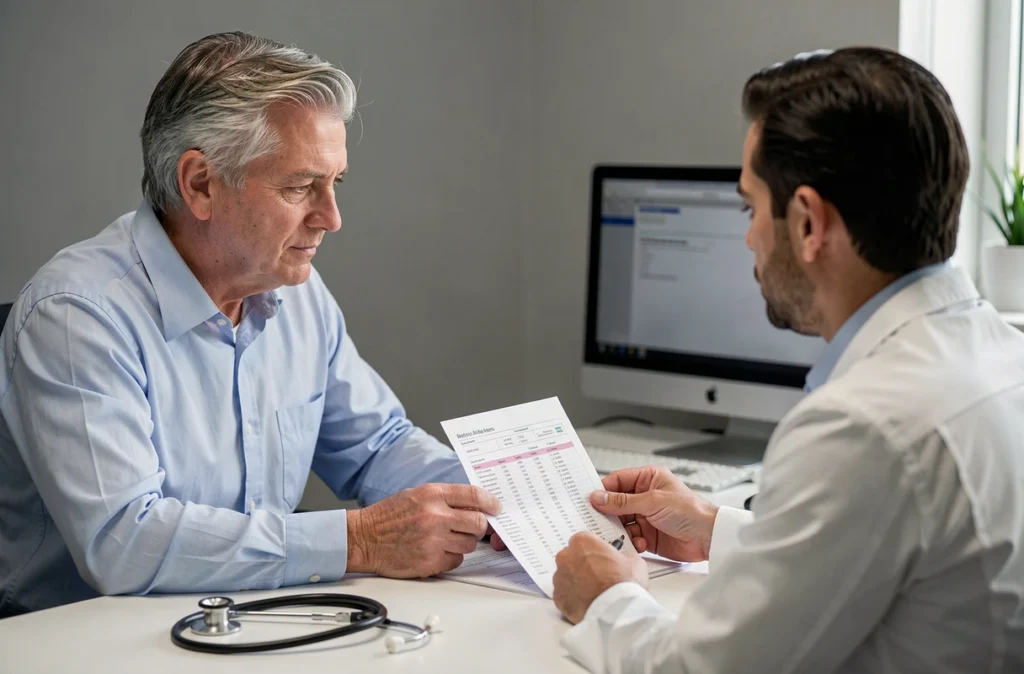 Patient consultant un médecin pour analyser ses résultats d'analyses sanguines et comprendre son taux de Gamma GT