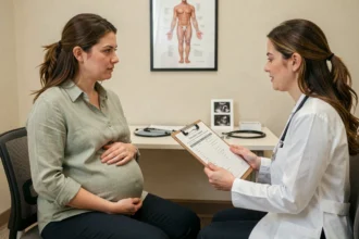 Femme enceinte en consultation prénatale avec une gynécologue dans un cabinet médical moderne, suivi médical mensuel pendant la grossesse