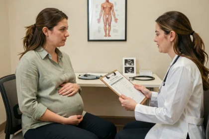Femme enceinte en consultation prénatale avec une gynécologue dans un cabinet médical moderne, suivi médical mensuel pendant la grossesse