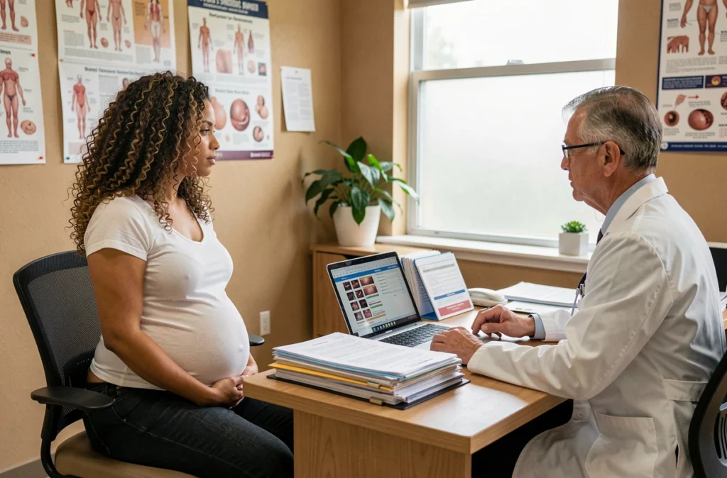 Une femme enceinte en consultation prénatale avec un gynécologue-obstétricien, discutant des résultats d'examens devant un ordinateur