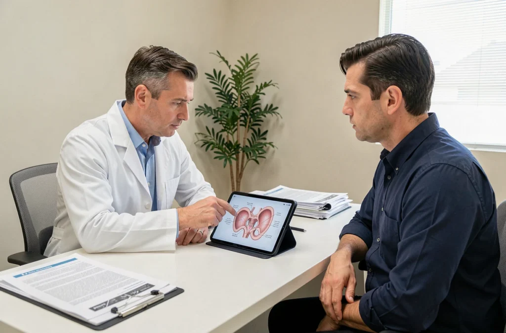 Médecin urologue expliquant une douleur pelvienne à un patient lors d'une consultation avec tablette médicale