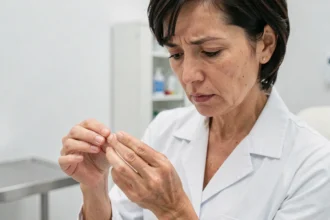 Dermatologue examinant une atteinte matricielle de l'ongle lors d'une consultation médicale