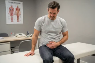 Homme tenant son bas-ventre gauche avec une expression de douleur lors d'une consultation médicale