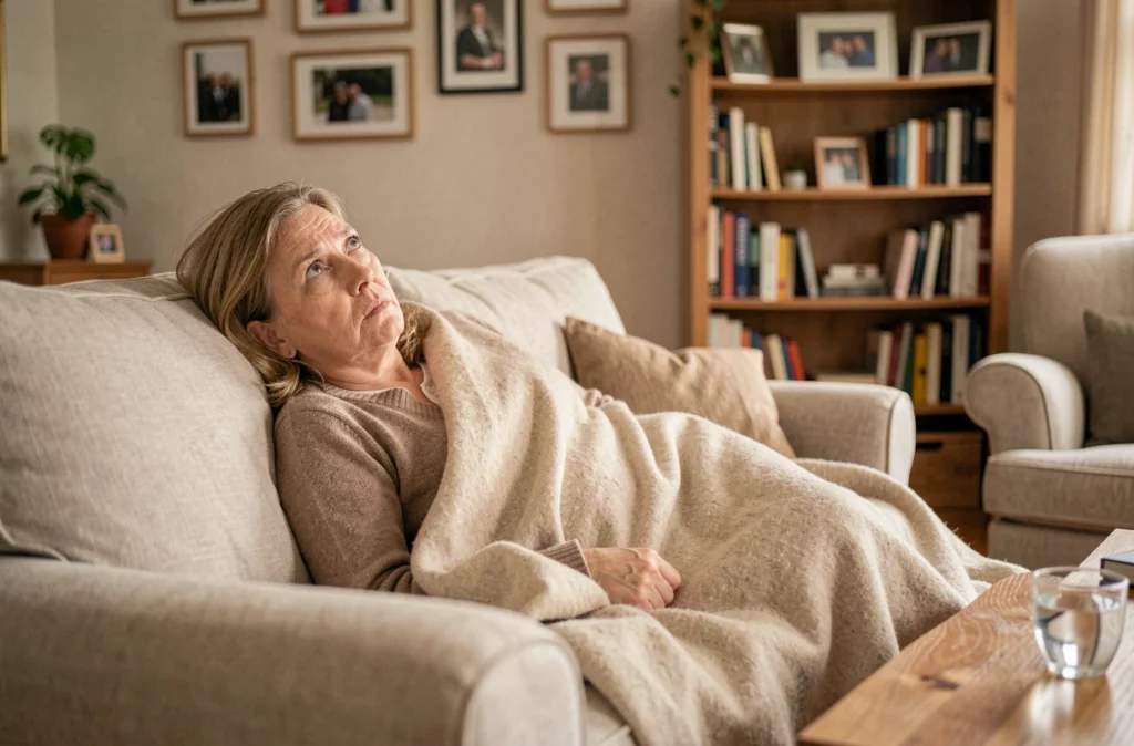 Femme âgée allongée sur un canapé, les yeux ouverts et l'air anxieux, représentant les effets durables de l'anesthésie générale comme la fatigue mentale et l'anxiété