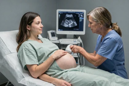 Une femme enceinte allongée sur une table d'examen lors d'une échographie prénatale, avec une technicienne tenant la sonde sur le ventre