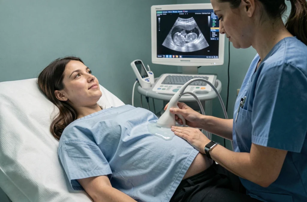 Échographie prénatale mensuelle pour une femme enceinte allongée sur une table d'examen, technicienne en radiologie tenant une sonde abdominale