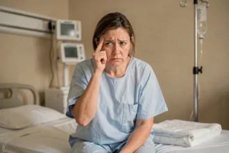 Femme en robe de patient dans une chambre de réveil post-opératoire, tenant sa tempe avec une expression de confusion et d'anxiété après une anesthésie générale