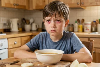 Jeune garçon à table présentant des signes d'allergie après avoir mangé une soupe aux oignons, yeux rouges et expression inconfortable