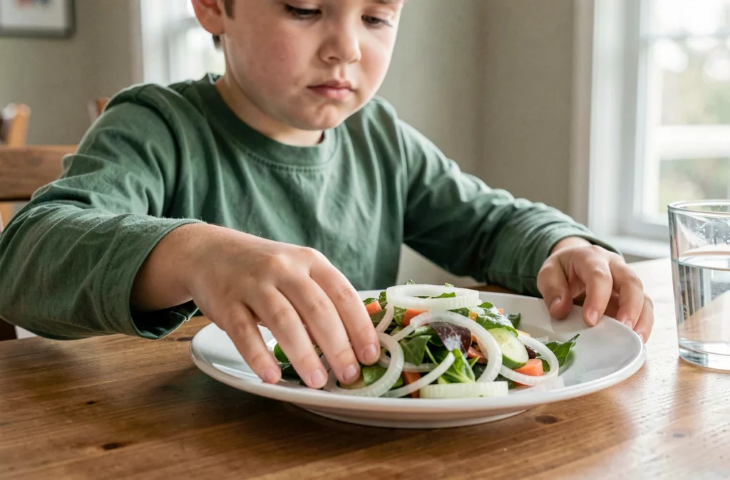 Enfant repoussant une assiette contenant des oignons, réaction de refus alimentaire pouvant indiquer une allergie ou une intolérance aux oignons