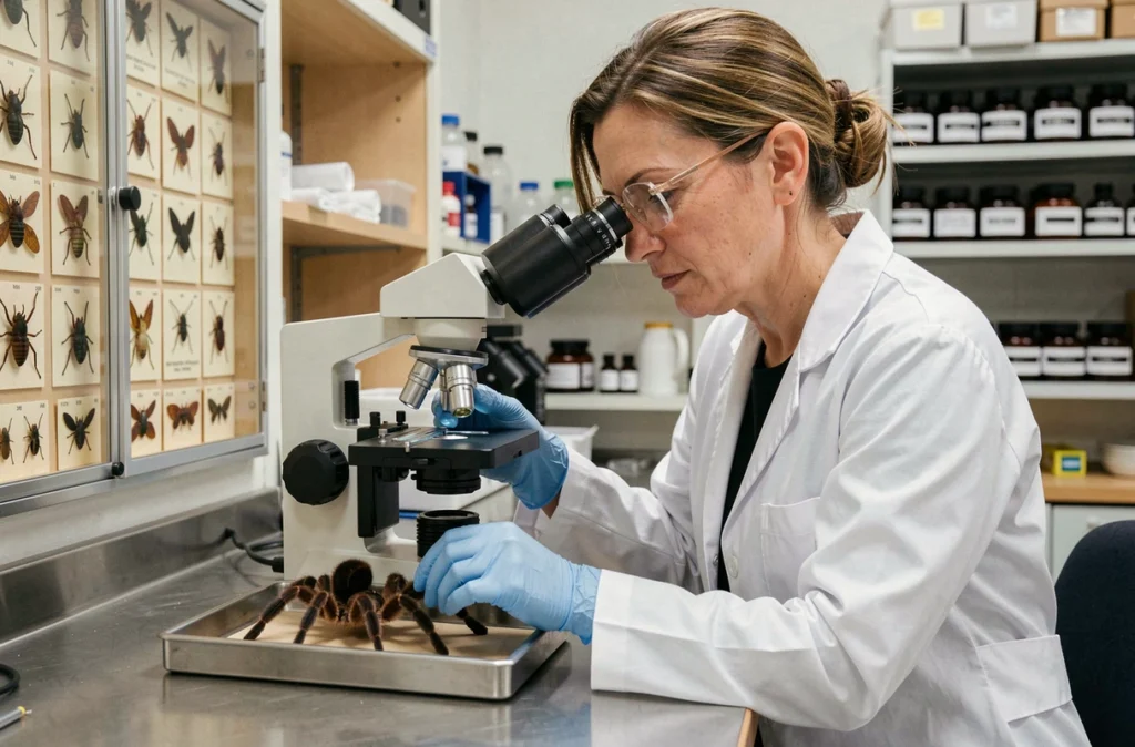 Entomologiste femme examinant un spécimen de mygale au microscope dans un laboratoire de recherche
