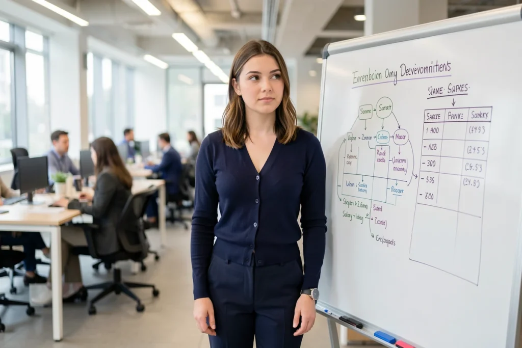 Ergothérapeute jeune femme devant un tableau comparatif de salaires selon le secteur public et privé