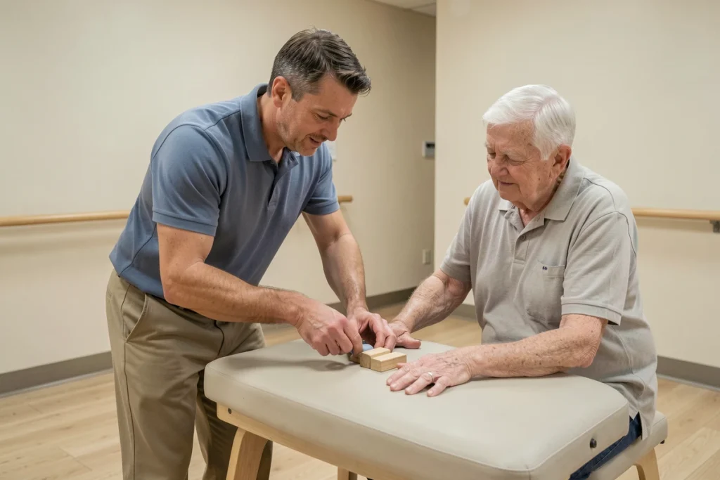 Ergothérapeute homme accompagnant un patient âgé lors d'une séance de rééducation de la main en clinique privée