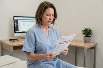 Femme en consultation médicale tenant ses résultats d'analyses de bilirubine après une hépatite