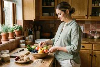 Femme enceinte préparant un repas équilibré avec des fruits et légumes frais dans une cuisine rustique