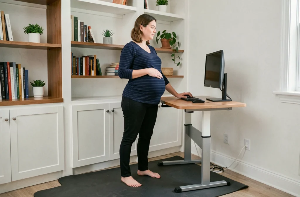 Femme enceinte travaillant debout à un bureau réglable en hauteur dans un bureau à domicile aménagé