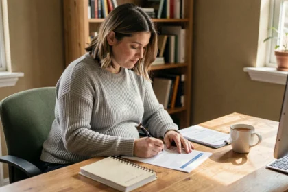 Femme enceinte remplissant des démarches administratives à son bureau à domicile