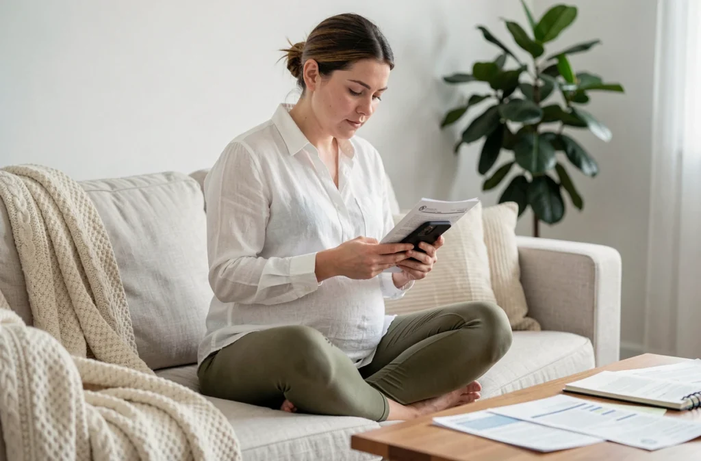 Femme enceinte consultant son téléphone et des documents administratifs sur son canapé