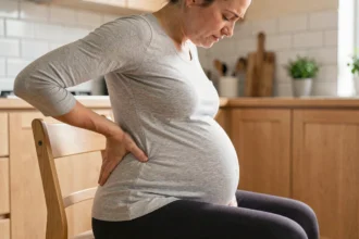 Femme enceinte assise en cuisine tenant son bas du dos pour soulager une douleur lombaire pendant la grossesse