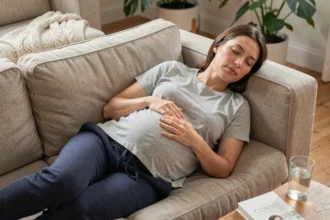 Femme enceinte fatiguée au premier trimestre se reposant sur un canapé dans son salon avec la main posée sur son ventre