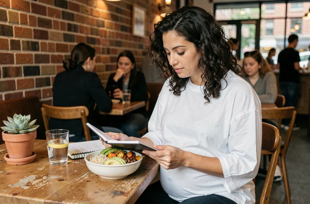Femme enceinte consultant un journal nutritionnel dans un café avec un repas sain et équilibré