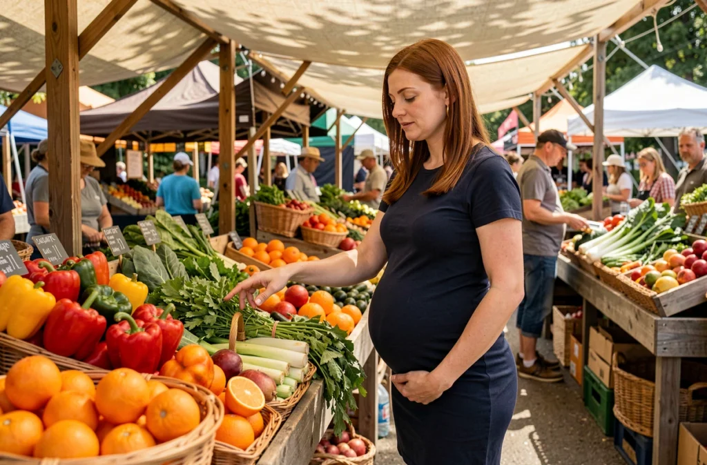 Femme enceinte choisissant des légumes frais et colorés sur un marché de producteurs en plein air