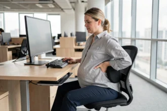 Femme enceinte ajustant son coussin lombaire à un bureau ergonomique en open space moderne