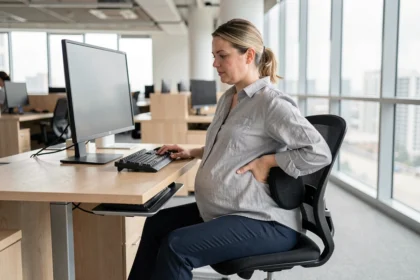 Femme enceinte ajustant son coussin lombaire à un bureau ergonomique en open space moderne