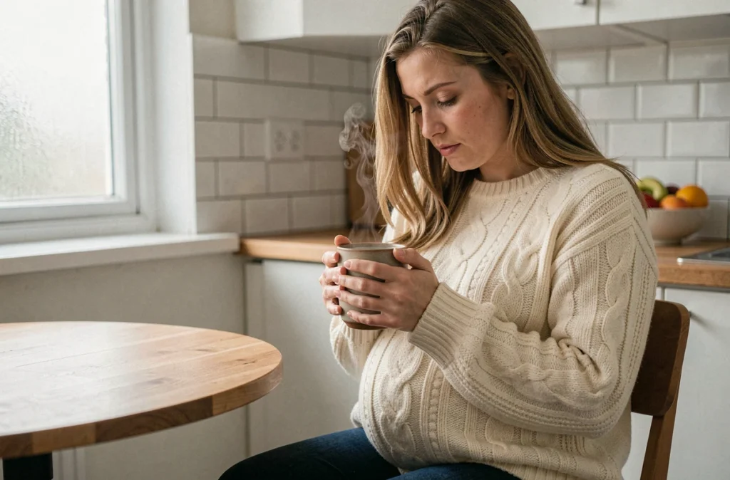 Femme enceinte au premier trimestre assise à la table de cuisine tenant une tasse de tisane avec une expression fatiguée et apaisée