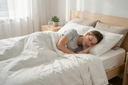 Femme endormie dans un lit blanc minimaliste illustrant l'importance du sommeil pour la gestion du poids corporel