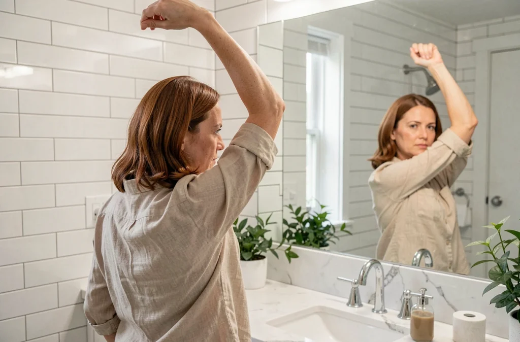 Femme s'examinant l'aisselle gauche devant un miroir dans une salle de bain moderne, geste d'auto-examen pour douleur chronique