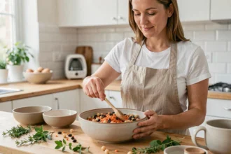 Femme préparant un bol de légumineuses colorées dans une cuisine moderne pour un régime minceur